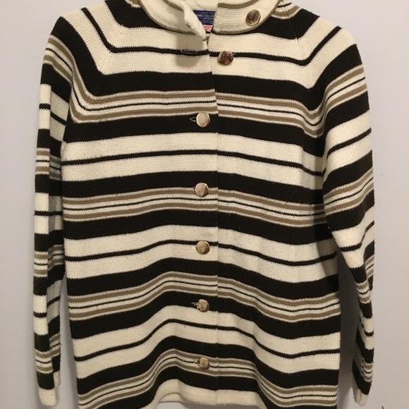 Hand loomed virgin acrylic Striped Button Cardigan Sweater Neutral Black Tan M - Picture 2 of 4